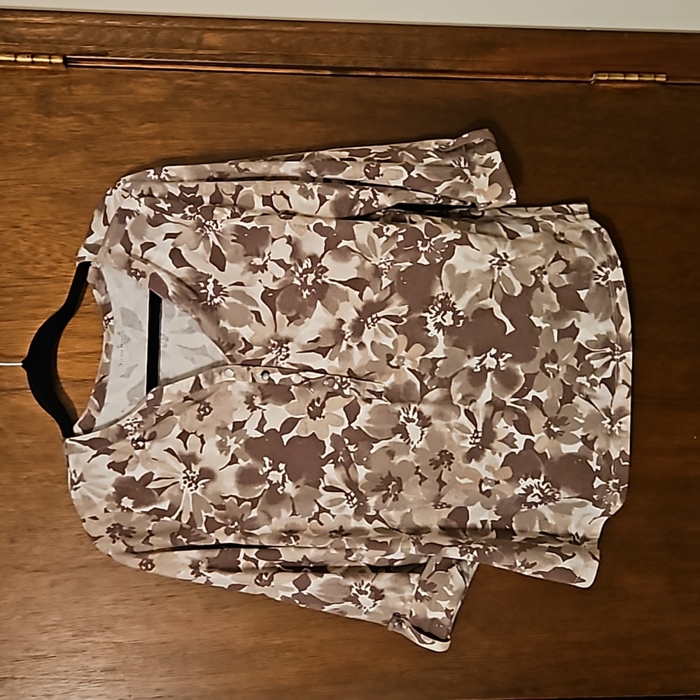 Top, 3/4 Sleeve, Tan, brown, white, Sz L